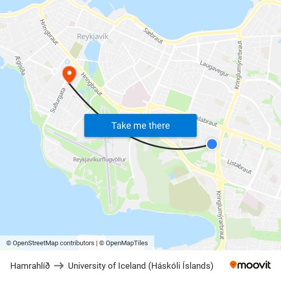 Hamrahlíð to University of Iceland (Háskóli Íslands) map