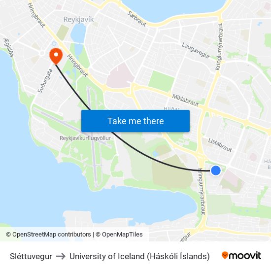 Sléttuvegur to University of Iceland (Háskóli Íslands) map