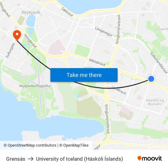 Grensás to University of Iceland (Háskóli Íslands) map