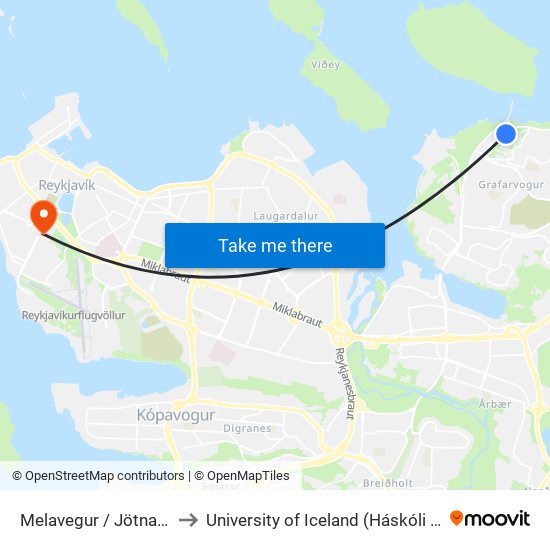 Melavegur / Jötnaborgir to University of Iceland (Háskóli Íslands) map