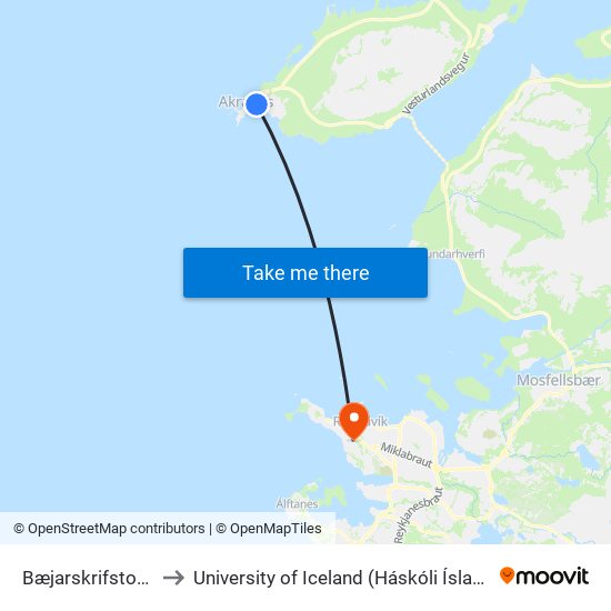 Bæjarskrifstofan to University of Iceland (Háskóli Íslands) map