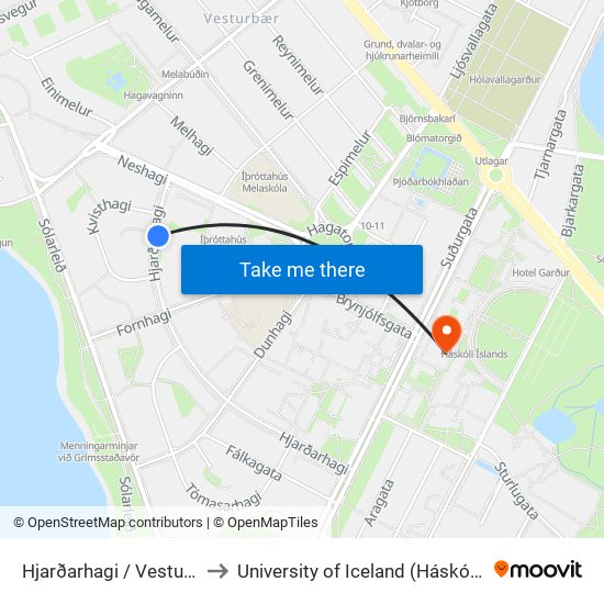 Hjarðarhagi / Vesturgarður to University of Iceland (Háskóli Íslands) map