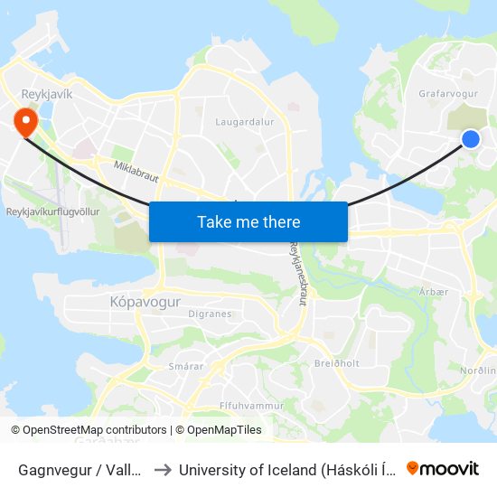 Gagnvegur / Vallarhús to University of Iceland (Háskóli Íslands) map