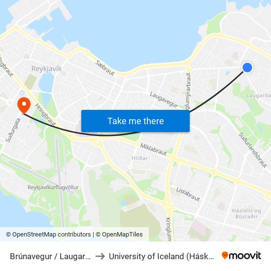 Brúnavegur / Laugarásvegur to University of Iceland (Háskóli Íslands) map