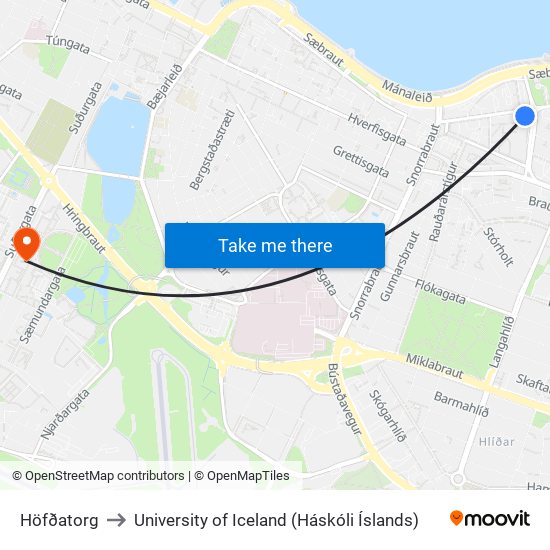 Höfðatorg to University of Iceland (Háskóli Íslands) map