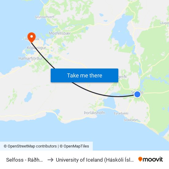 Selfoss - Ráðhúsið to University of Iceland (Háskóli Íslands) map