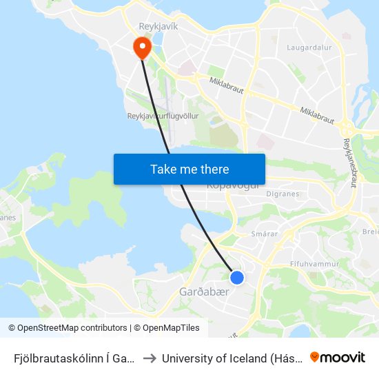 Fjölbrautaskólinn Í Garðabæ / Fg to University of Iceland (Háskóli Íslands) map