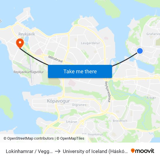 Lokinhamrar / Vegghamrar to University of Iceland (Háskóli Íslands) map