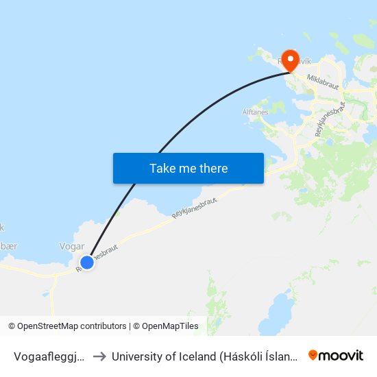 Vogaafleggjari to University of Iceland (Háskóli Íslands) map