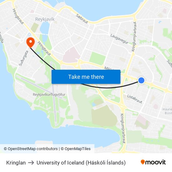 Kringlan to University of Iceland (Háskóli Íslands) map