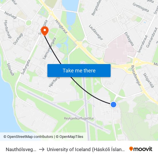 Nauthólsvegur to University of Iceland (Háskóli Íslands) map