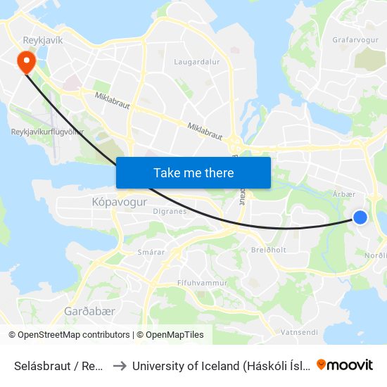 Selásbraut / Reykás to University of Iceland (Háskóli Íslands) map