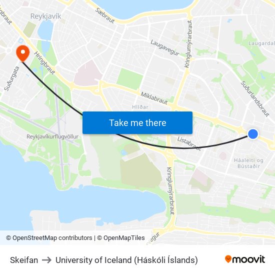 Skeifan to University of Iceland (Háskóli Íslands) map