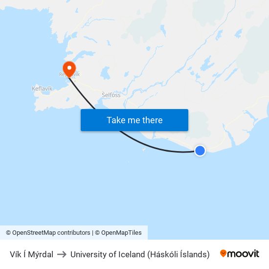 Vík Í Mýrdal to University of Iceland (Háskóli Íslands) map
