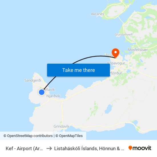 Kef - Airport (Arrivals) to Listaháskóli Íslands, Hönnun & Arkitektúr map