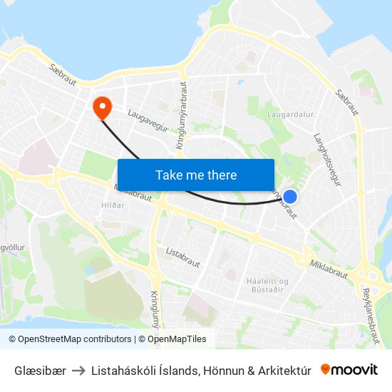Glæsibær to Listaháskóli Íslands, Hönnun & Arkitektúr map