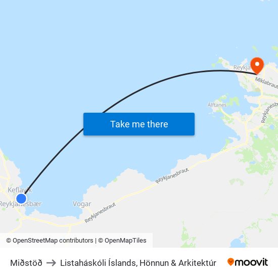 Miðstöð to Listaháskóli Íslands, Hönnun & Arkitektúr map