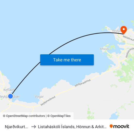 Njarðvíkurtorg to Listaháskóli Íslands, Hönnun & Arkitektúr map