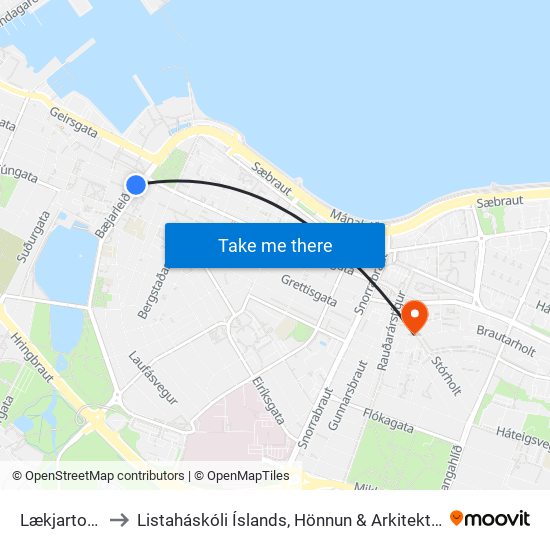 Lækjartorg to Listaháskóli Íslands, Hönnun & Arkitektúr map