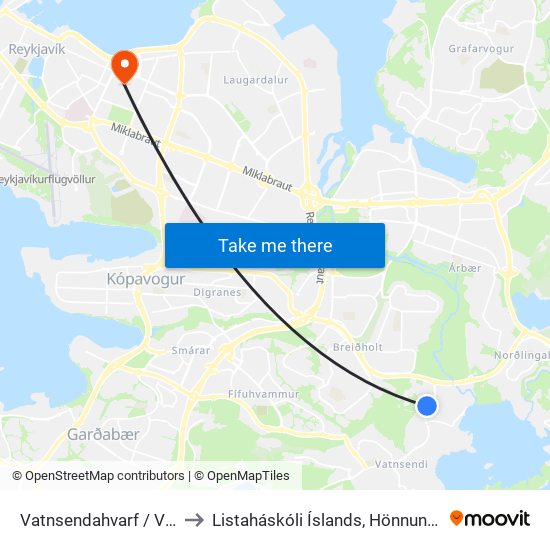 Vatnsendahvarf / Víkurhvarf to Listaháskóli Íslands, Hönnun & Arkitektúr map