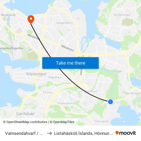 Vatnsendahvarf / Ögurhvarf to Listaháskóli Íslands, Hönnun & Arkitektúr map
