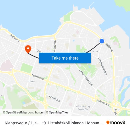 Kleppsvegur / Hjallavegur to Listaháskóli Íslands, Hönnun & Arkitektúr map