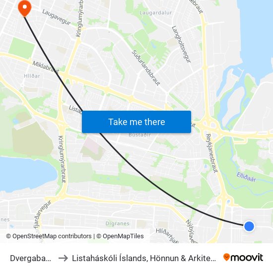 Dvergabakki to Listaháskóli Íslands, Hönnun & Arkitektúr map