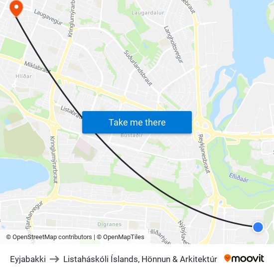 Eyjabakki to Listaháskóli Íslands, Hönnun & Arkitektúr map