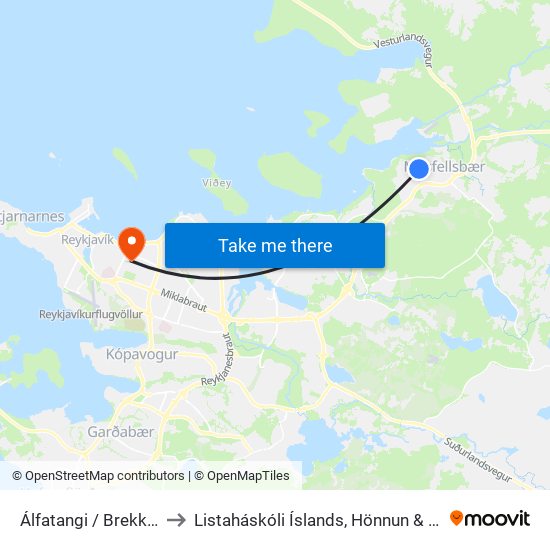 Álfatangi / Brekkutangi to Listaháskóli Íslands, Hönnun & Arkitektúr map