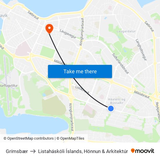 Grímsbær to Listaháskóli Íslands, Hönnun & Arkitektúr map