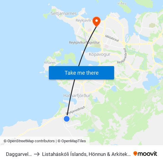 Daggarvellir to Listaháskóli Íslands, Hönnun & Arkitektúr map