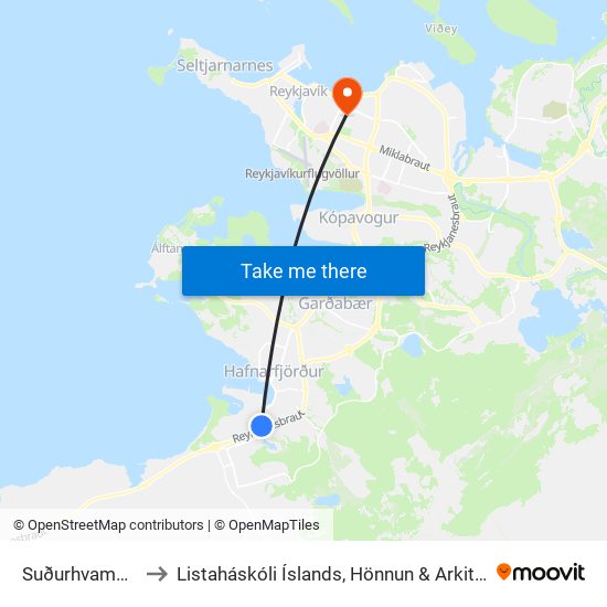 Suðurhvammur to Listaháskóli Íslands, Hönnun & Arkitektúr map