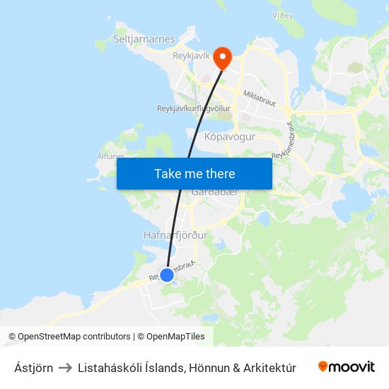 Ástjörn to Listaháskóli Íslands, Hönnun & Arkitektúr map
