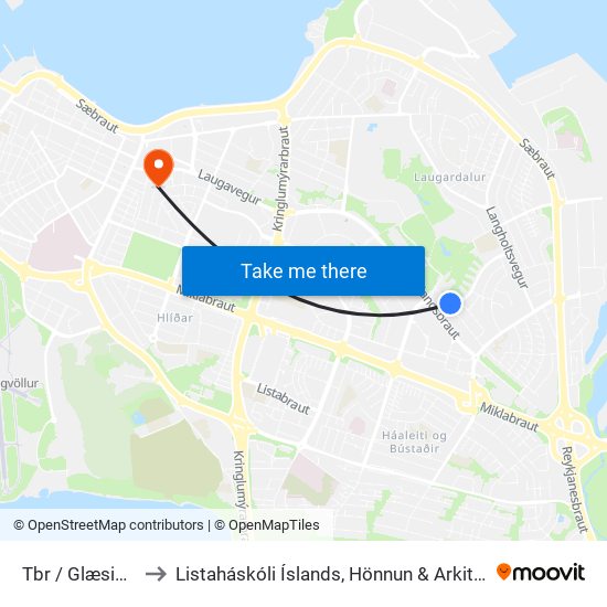 Tbr / Glæsibær to Listaháskóli Íslands, Hönnun & Arkitektúr map
