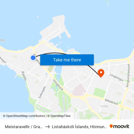 Meistaravellir / Grandavegur to Listaháskóli Íslands, Hönnun & Arkitektúr map
