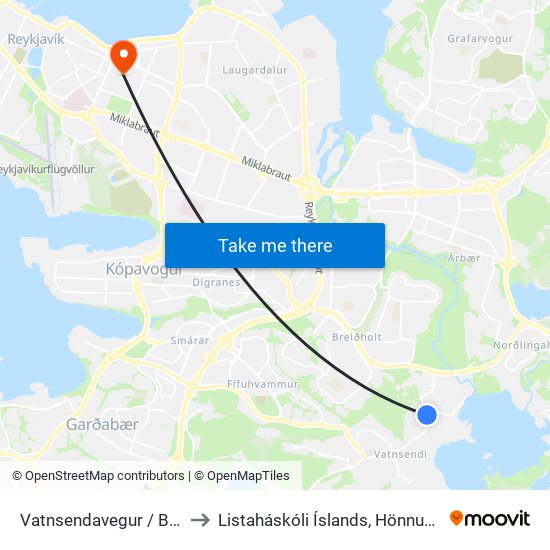 Vatnsendavegur / Breiðahvarf to Listaháskóli Íslands, Hönnun & Arkitektúr map