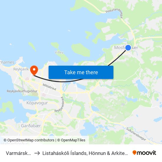 Varmárskóli to Listaháskóli Íslands, Hönnun & Arkitektúr map