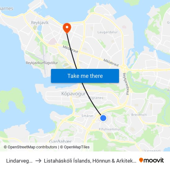 Lindarvegur to Listaháskóli Íslands, Hönnun & Arkitektúr map