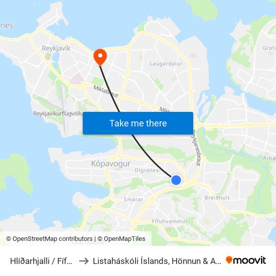 Hlíðarhjalli / Fífuhjalli to Listaháskóli Íslands, Hönnun & Arkitektúr map