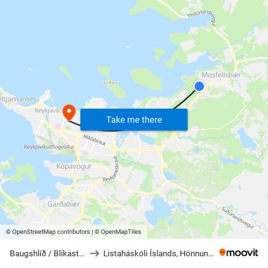 Baugshlíð / Blikastaðavegur to Listaháskóli Íslands, Hönnun & Arkitektúr map