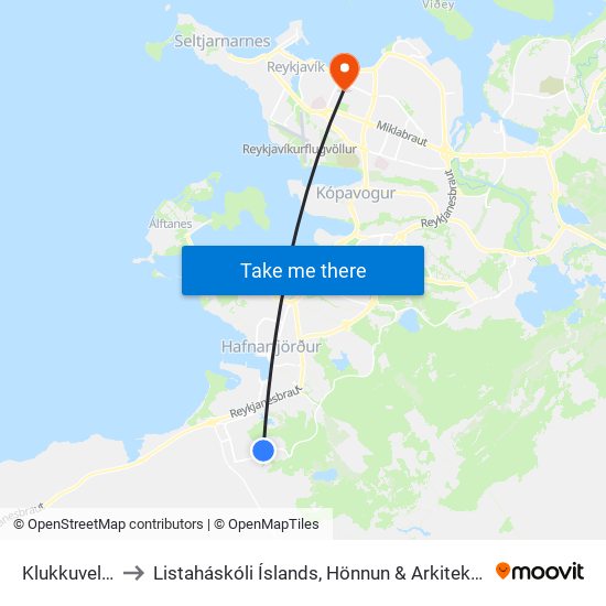 Klukkuvellir to Listaháskóli Íslands, Hönnun & Arkitektúr map