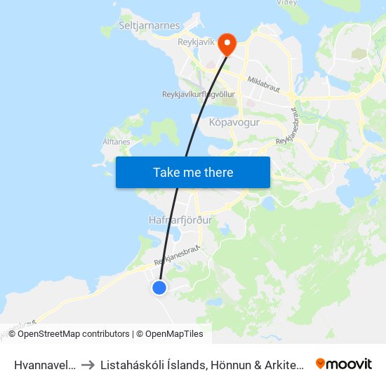Hvannavellir to Listaháskóli Íslands, Hönnun & Arkitektúr map