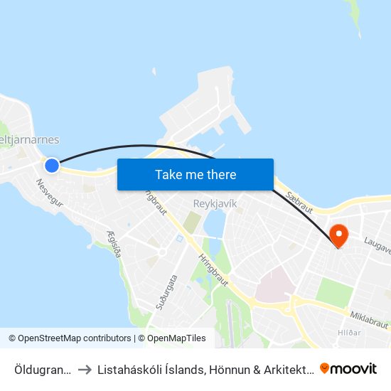 Öldugrandi to Listaháskóli Íslands, Hönnun & Arkitektúr map