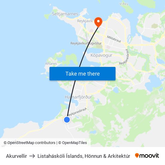 Akurvellir to Listaháskóli Íslands, Hönnun & Arkitektúr map