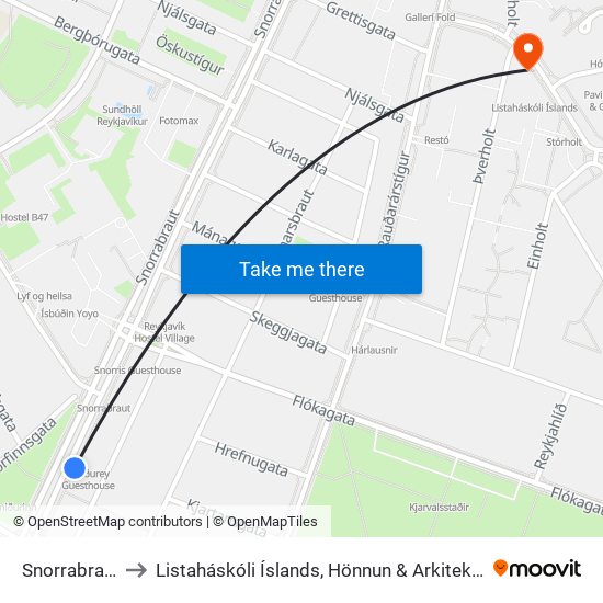 Snorrabraut to Listaháskóli Íslands, Hönnun & Arkitektúr map