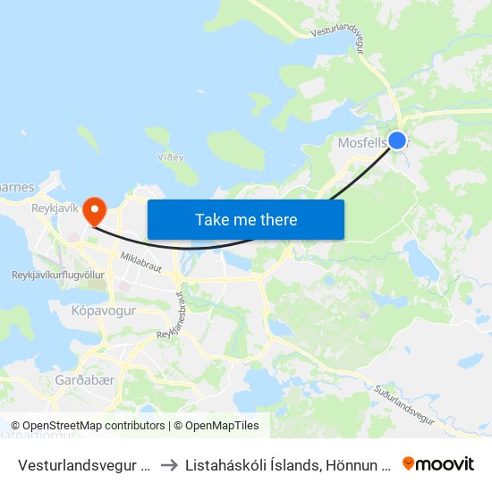 Vesturlandsvegur / Ásland to Listaháskóli Íslands, Hönnun & Arkitektúr map