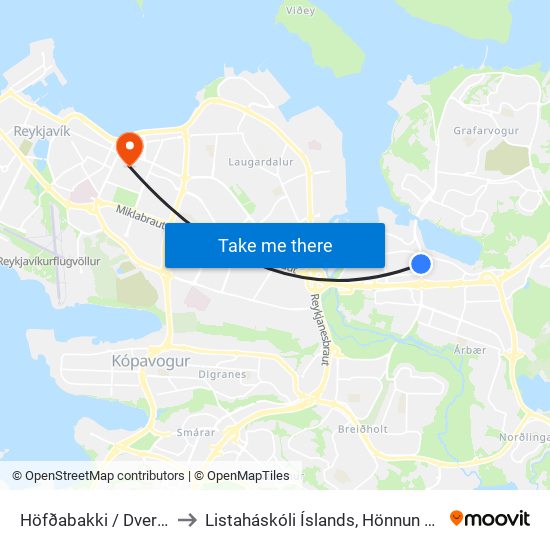 Höfðabakki / Dvergshöfði to Listaháskóli Íslands, Hönnun & Arkitektúr map