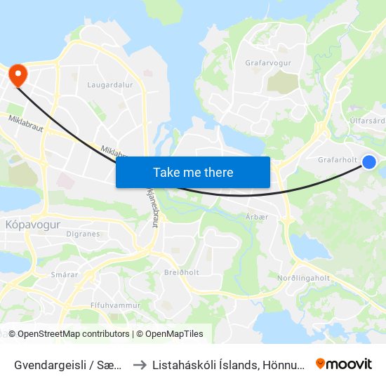 Gvendargeisli / Sæmundarsel to Listaháskóli Íslands, Hönnun & Arkitektúr map