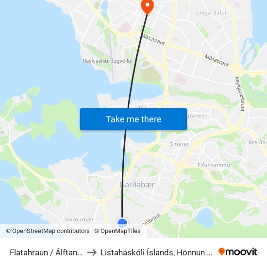 Flatahraun / Álftanesvegur to Listaháskóli Íslands, Hönnun & Arkitektúr map