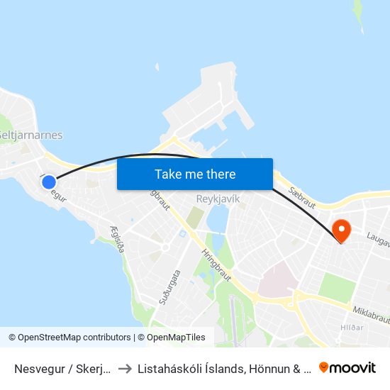 Nesvegur / Skerjabraut to Listaháskóli Íslands, Hönnun & Arkitektúr map